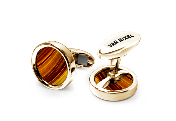 Een paar luxe, hoogwaardige, exclusieve en handgemaakte High End manchetknopen in 18 kt Geelgoud met Tijgeroog- MIII
